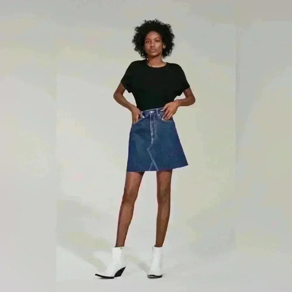 ❤️Zara Woman Blue Jean Denim Frayed Raw Hem Mini Skirt Sz Small